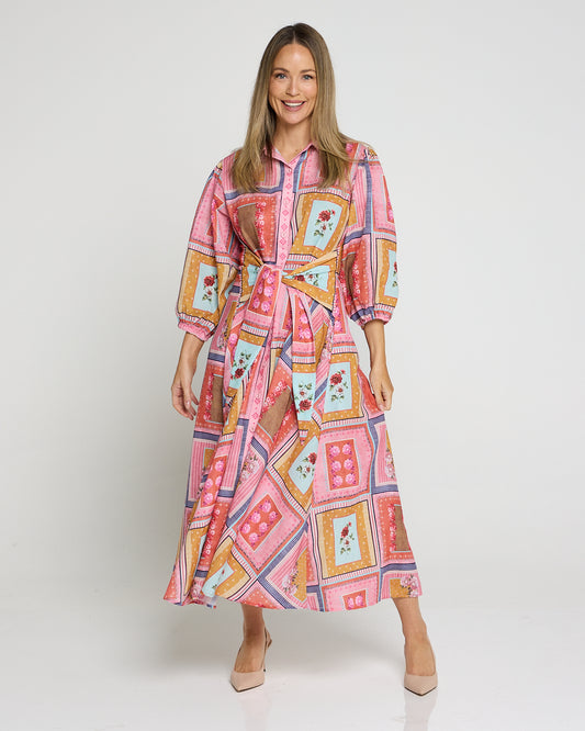 Stephanie Tie Waist Shirt Dress - Pink Picnic