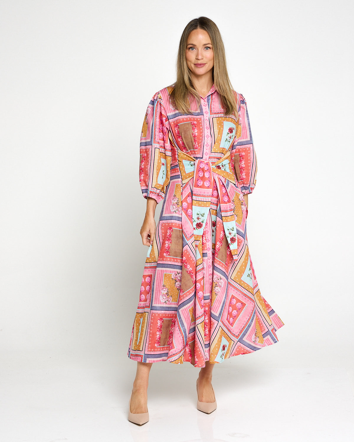 Stephanie Tie Waist Shirt Dress - Pink Picnic