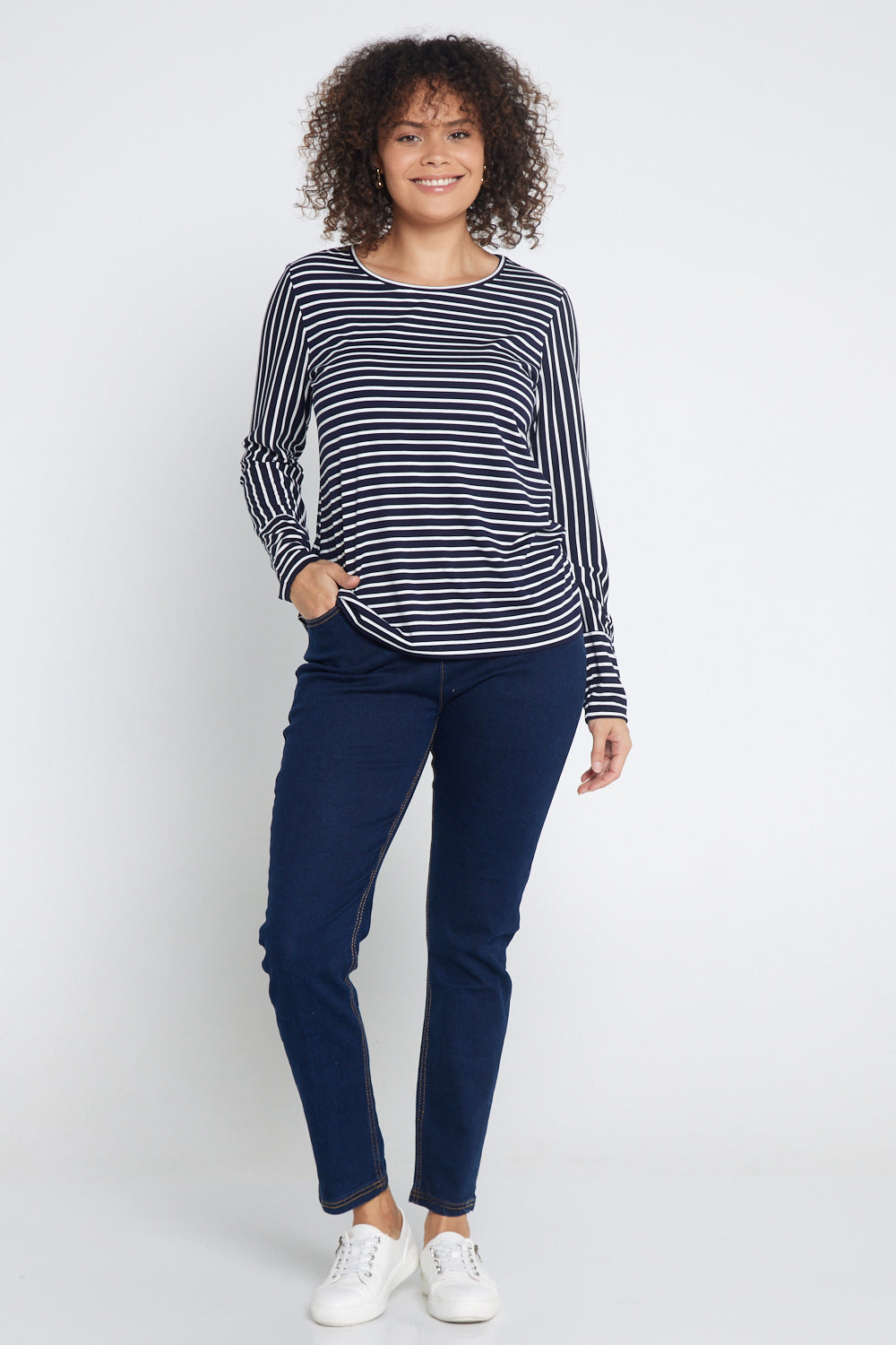 Leoni Long Sleeve Cotton Tee - Navy Stripe