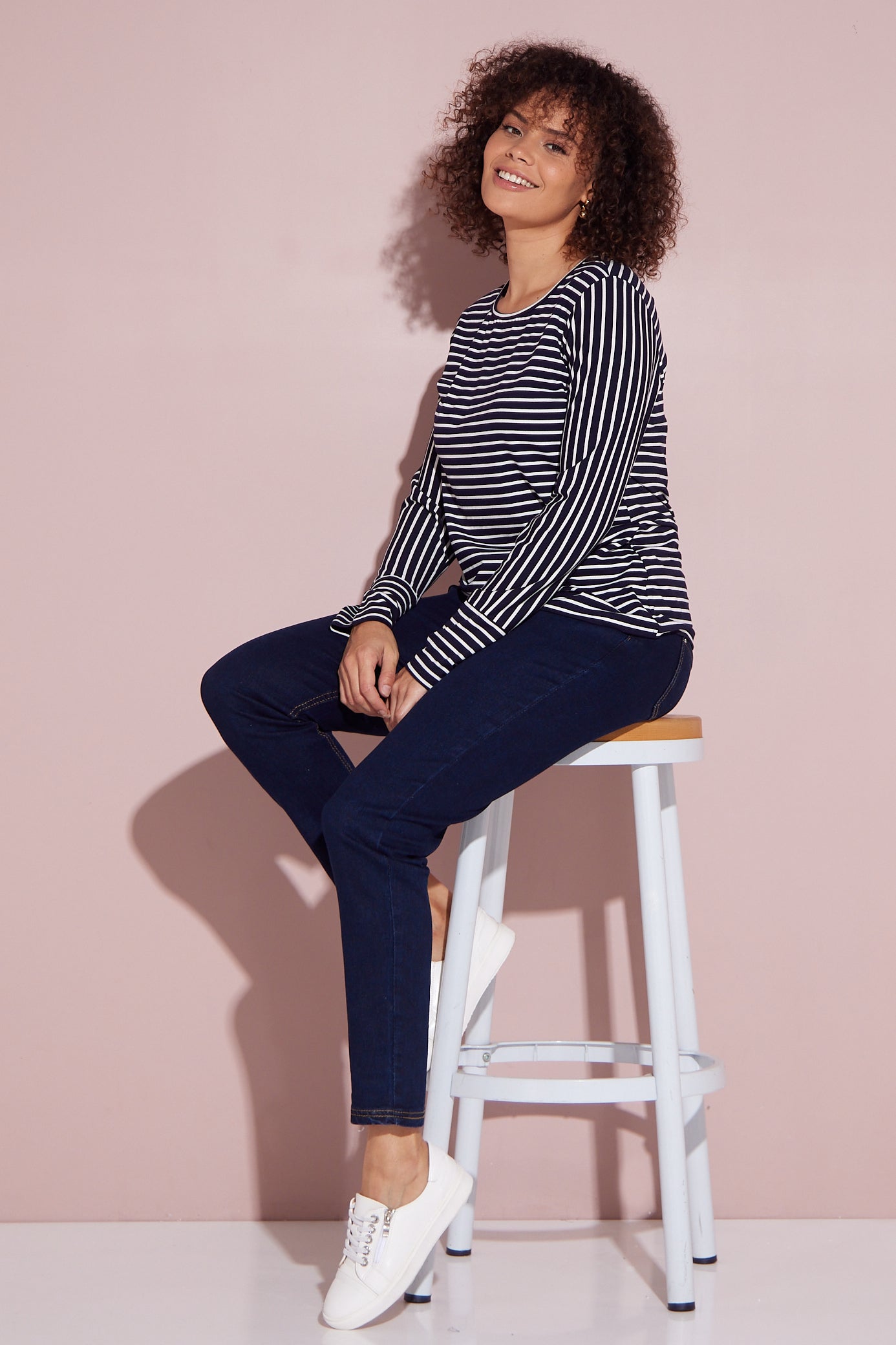 Leoni Long Sleeve Cotton Tee - Navy Stripe