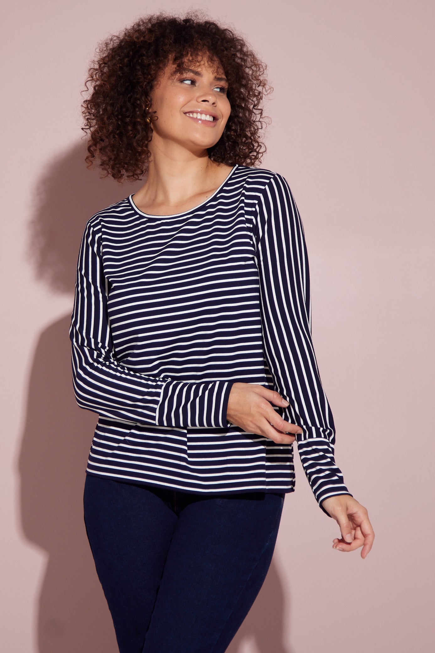 Leoni Long Sleeve Cotton Tee - Navy Stripe