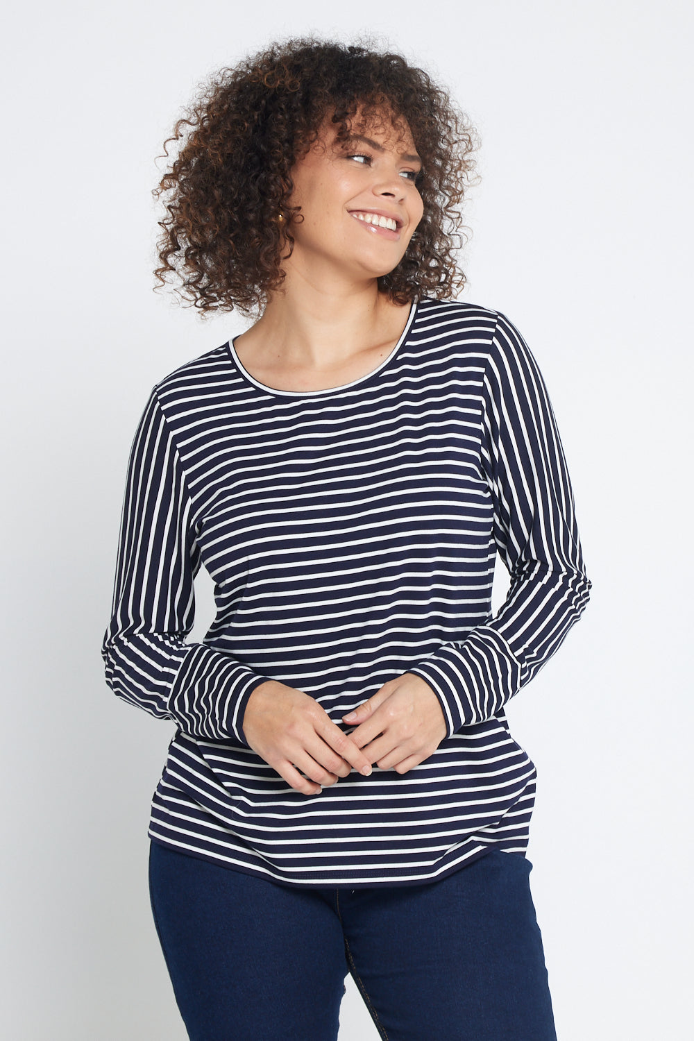 Leoni Long Sleeve Cotton Tee - Navy Stripe