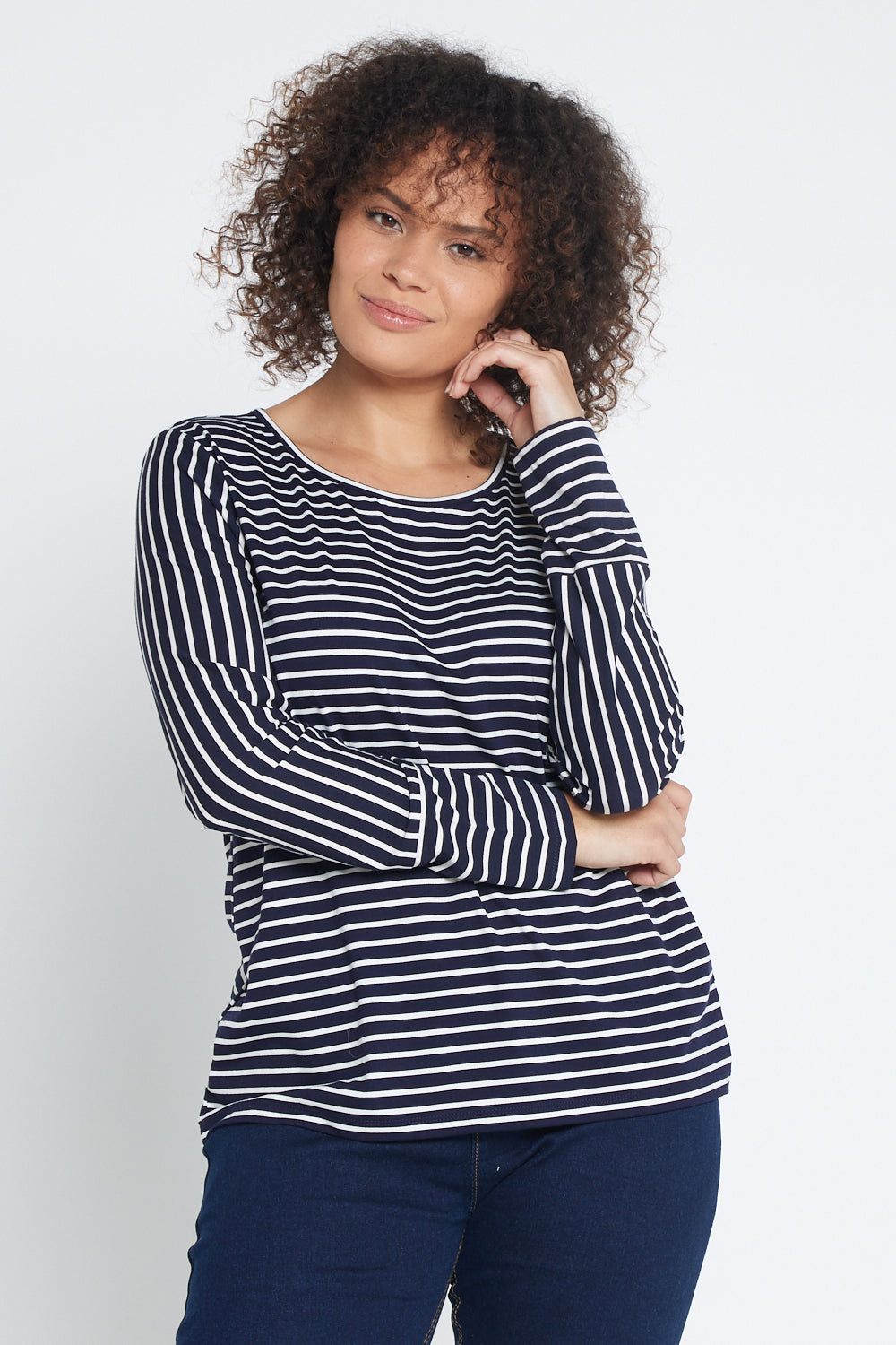 Leoni Long Sleeve Cotton Tee - Navy Stripe