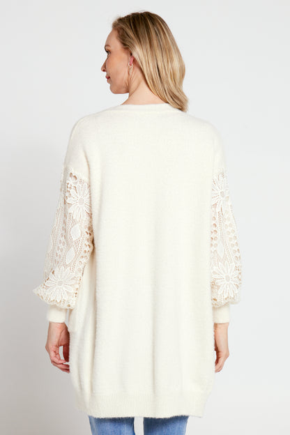 Corinda Knit Lace Sleeve Cardi - Cream