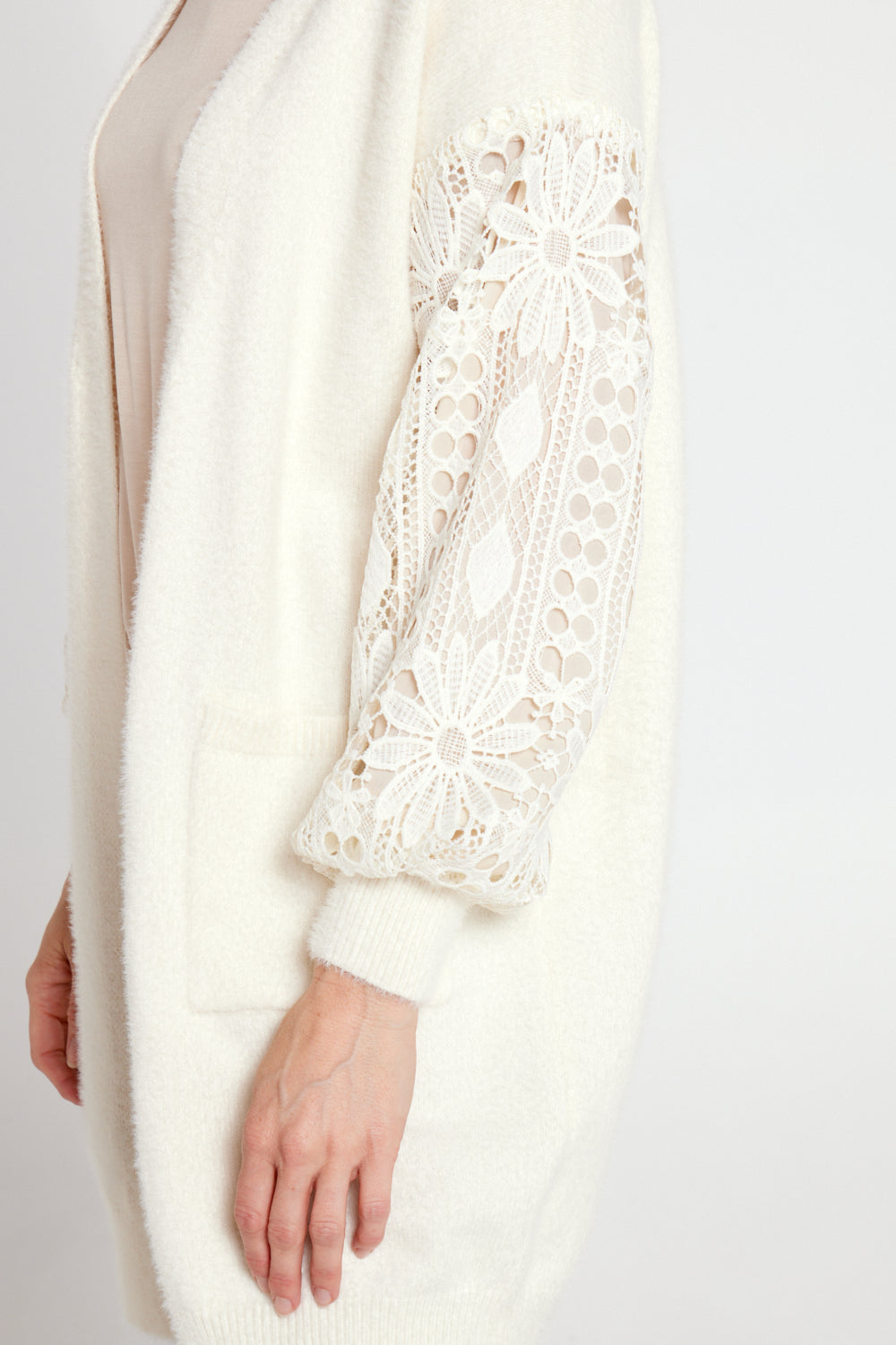 Corinda Knit Lace Sleeve Cardi - Cream