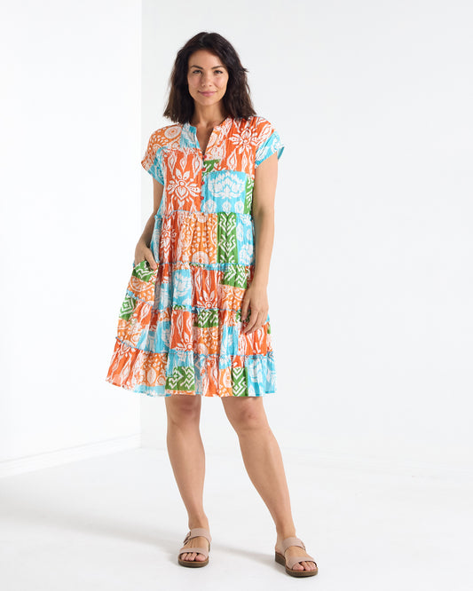 Rebecca Cotton Tiered Dress - Orange Ikat