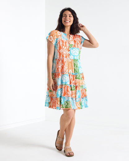 Rebecca Cotton Tiered Dress - Orange Ikat