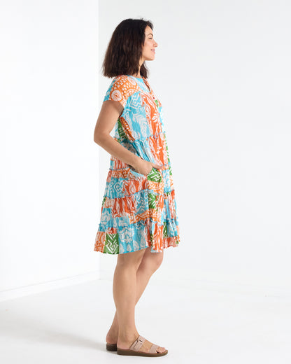 Rebecca Cotton Tiered Dress - Orange Ikat