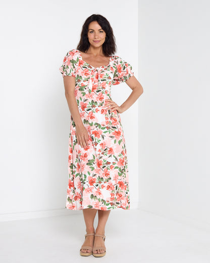 Sunshine Dress - Melon Floral: front view on model, off-shoulder neckline