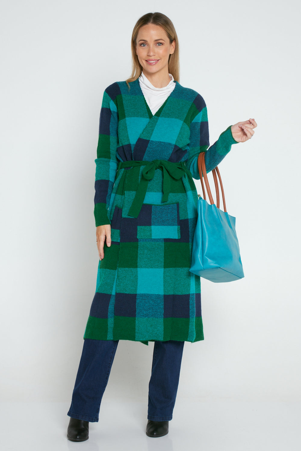 Swift Wraparound Oversized Tie Waist Cardigan Green Blue Check TULIO Fashion