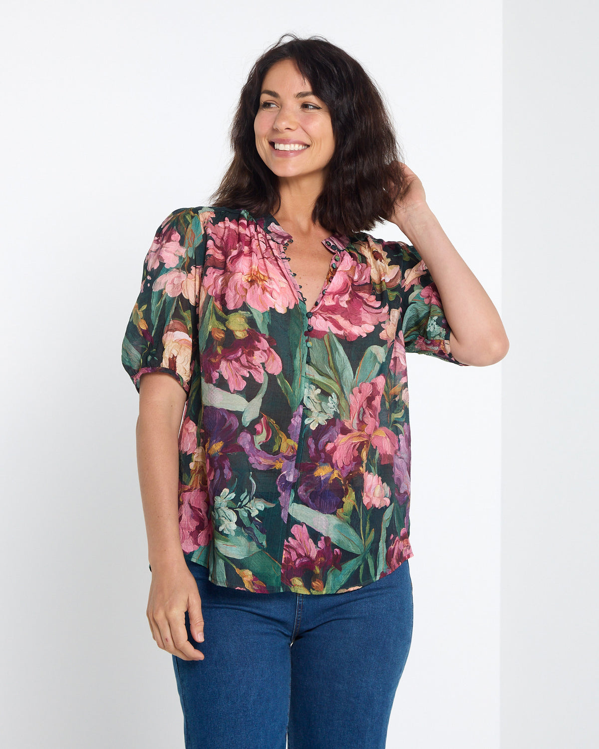 Helena Top - Midnight Bloom: front view on model