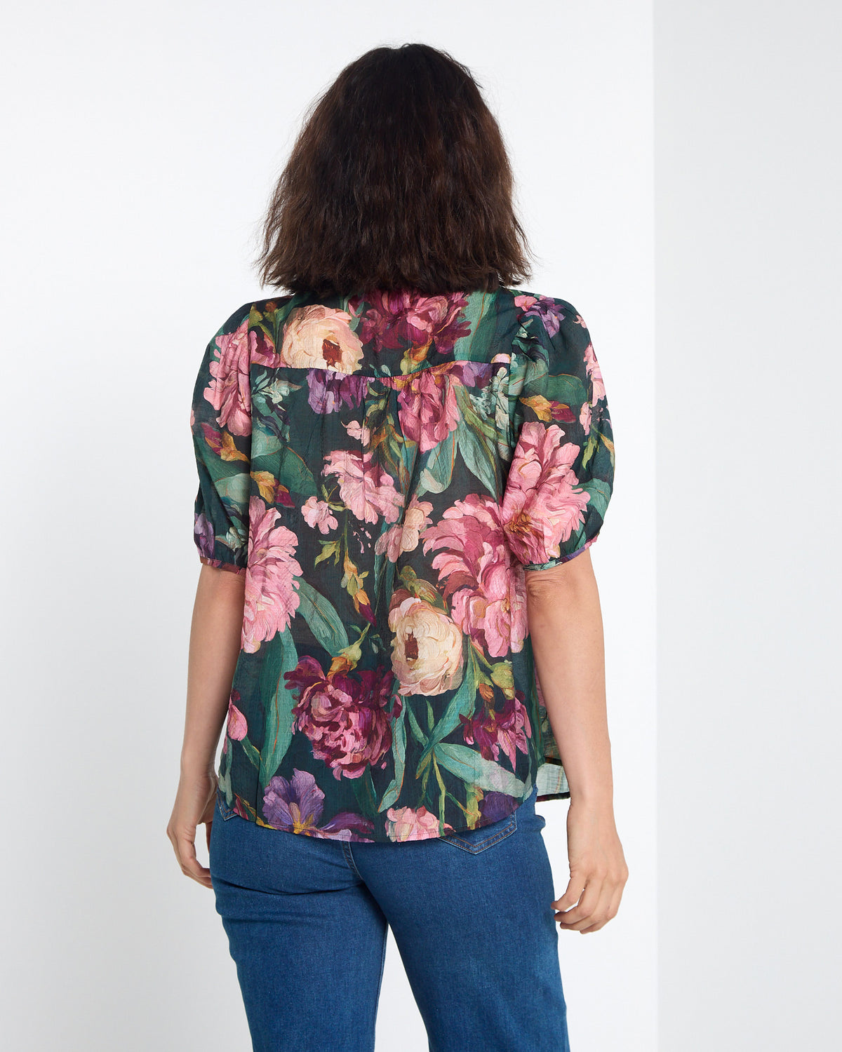 Helena Top - Midnight Bloom: back view showing gathered yoke