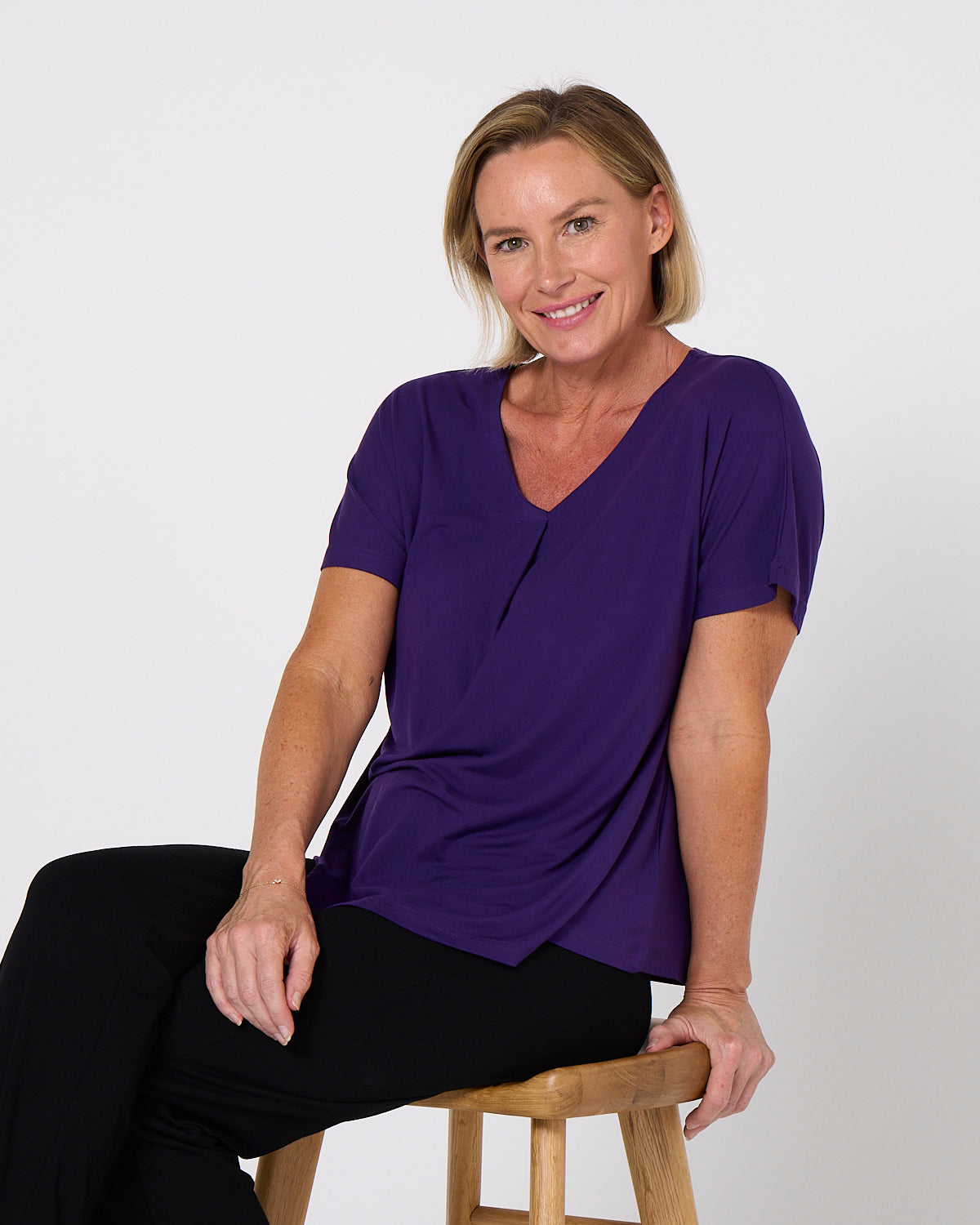 Pleat Neck Bamboo Tee - Eggplant
