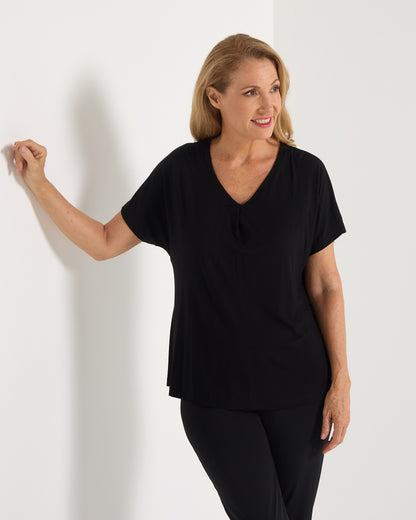 Pleat Neck Bamboo Tee - Black