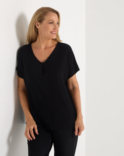 Pleat Neck Bamboo Tee - Black