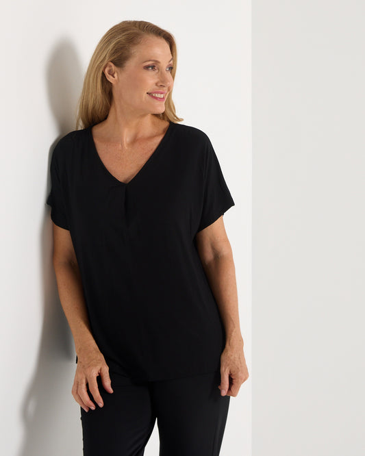Pleat Neck Bamboo Tee - Black