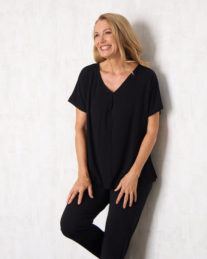 Pleat Neck Bamboo Tee - Black