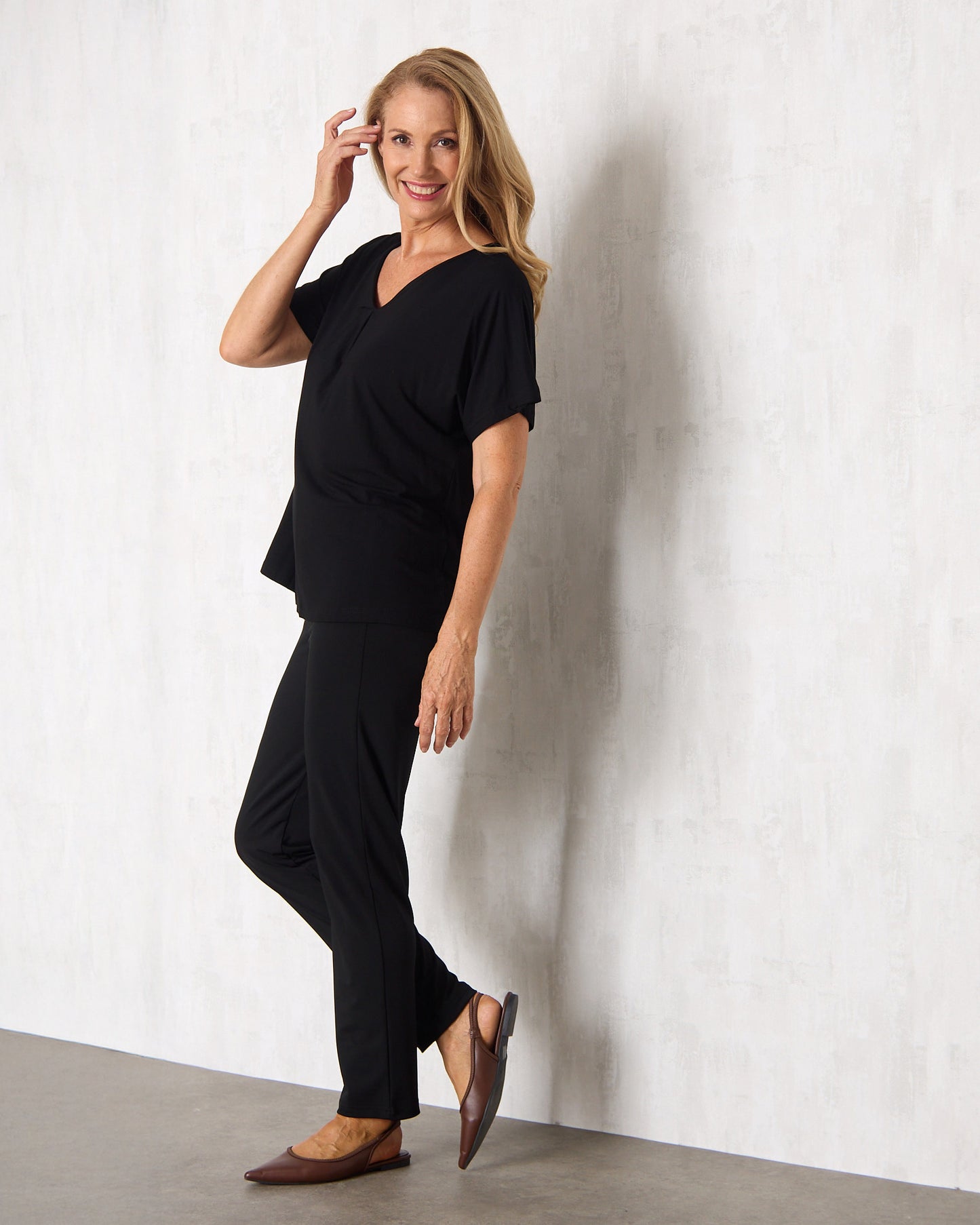 Pleat Neck Bamboo Tee - Black