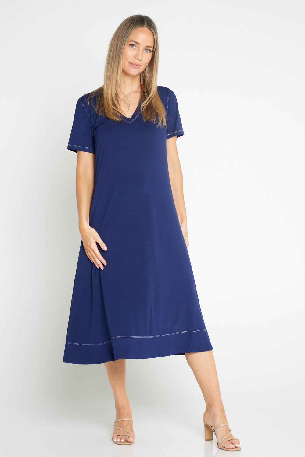 Short Sleeve Contrast Stitch Dress - Navy