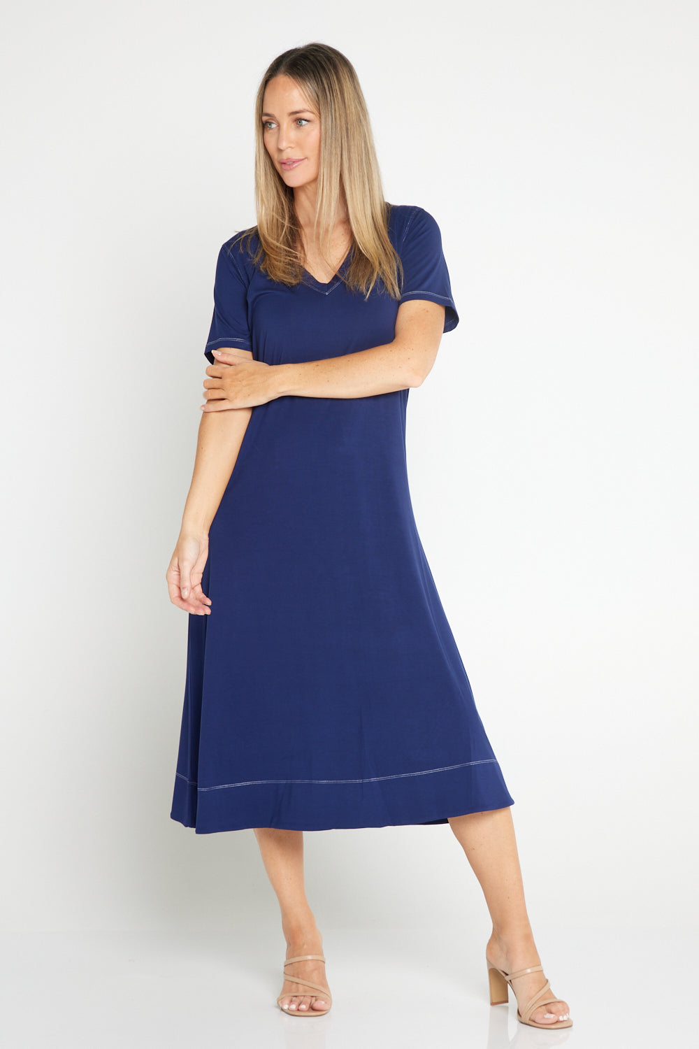 Short Sleeve Contrast Stitch Dress - Navy TULIO Fashion Short Sleeve Contrast Stitch Dress - Navy TULIO Fashion