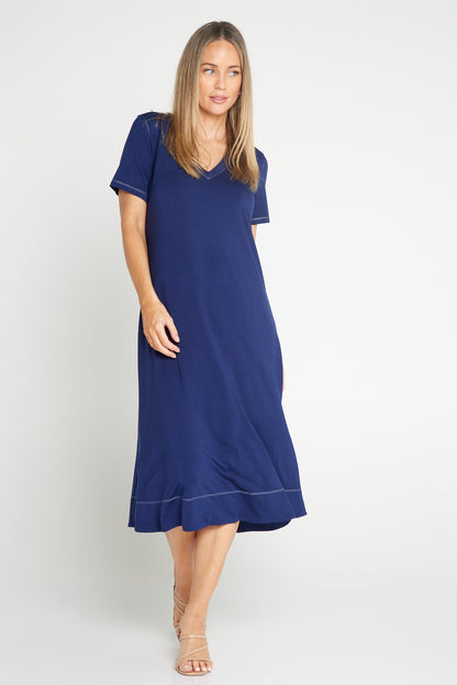 Short Sleeve Contrast Stitch Dress - Navy