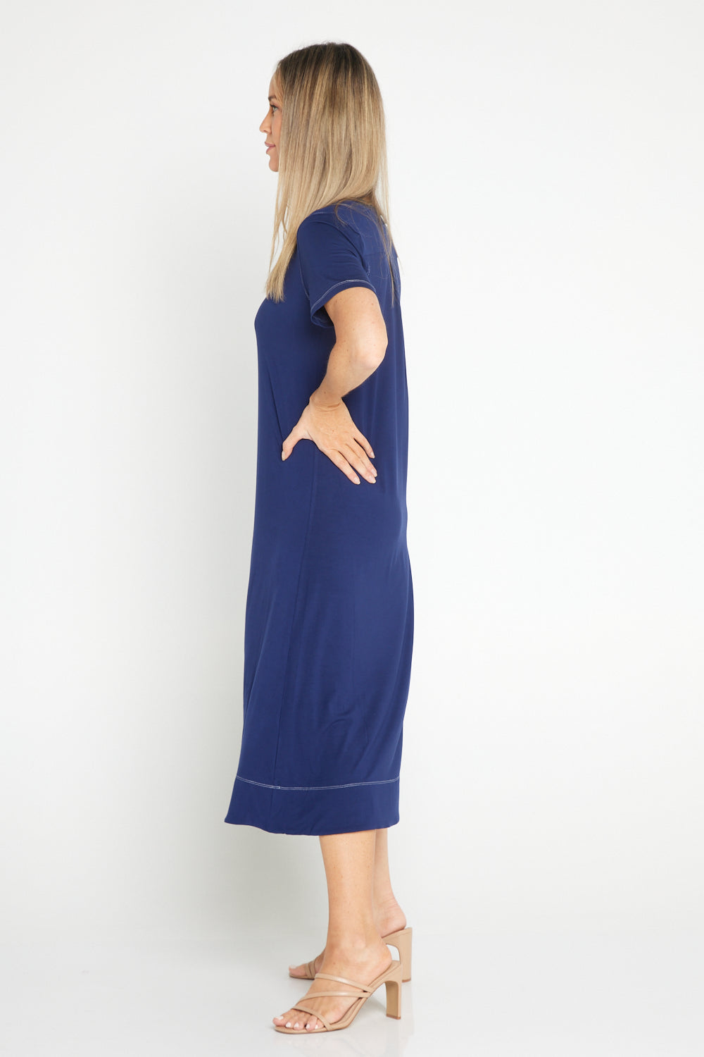 Short Sleeve Contrast Stitch Dress - Navy