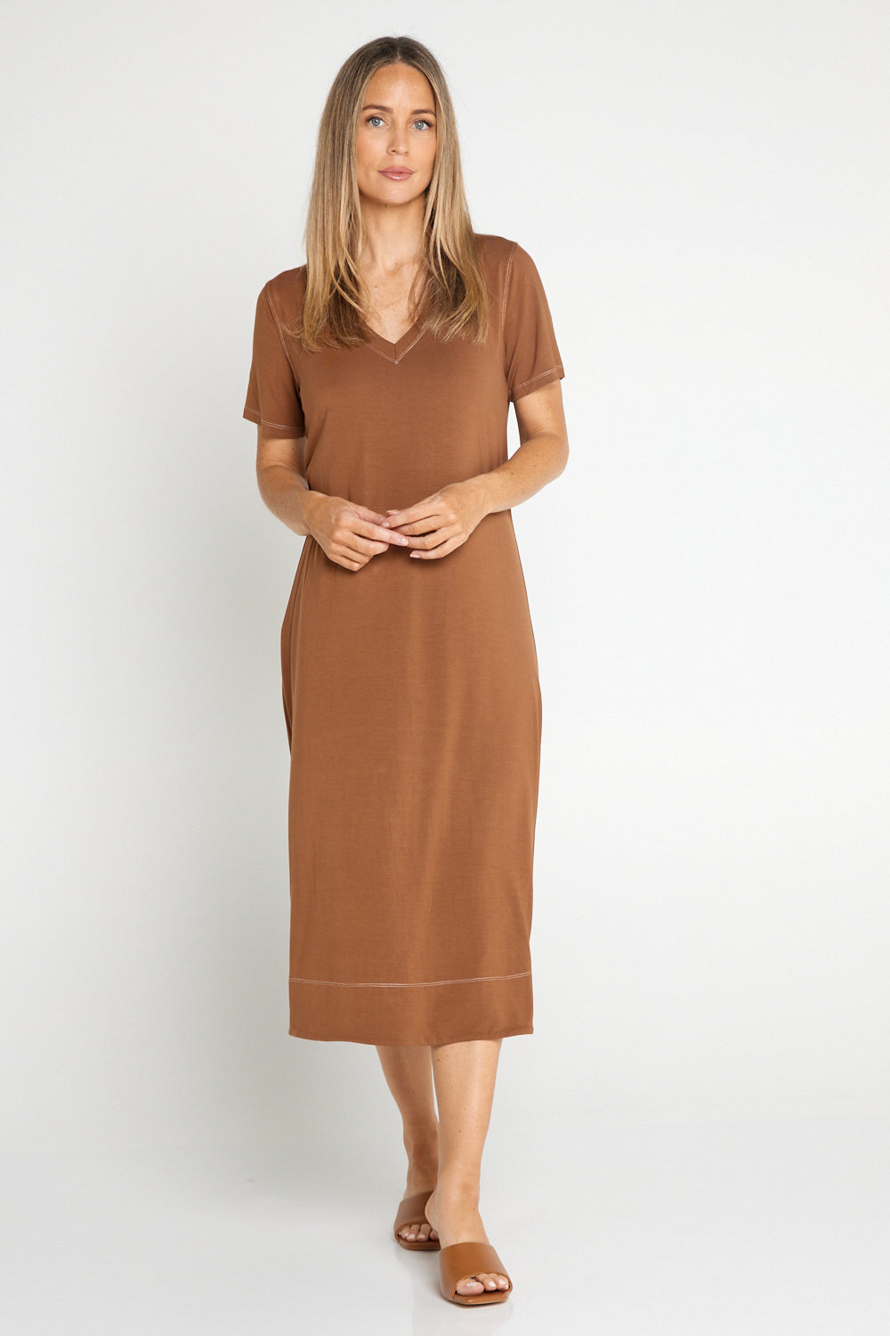 Short Sleeve Contrast Stitch Dress - Mocha