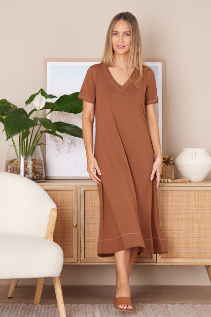 Short Sleeve Contrast Stitch Dress - Mocha