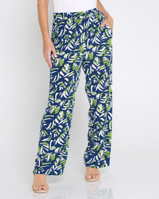Summer Ease Pocket Pants - Navy/Painted Palm Frond
