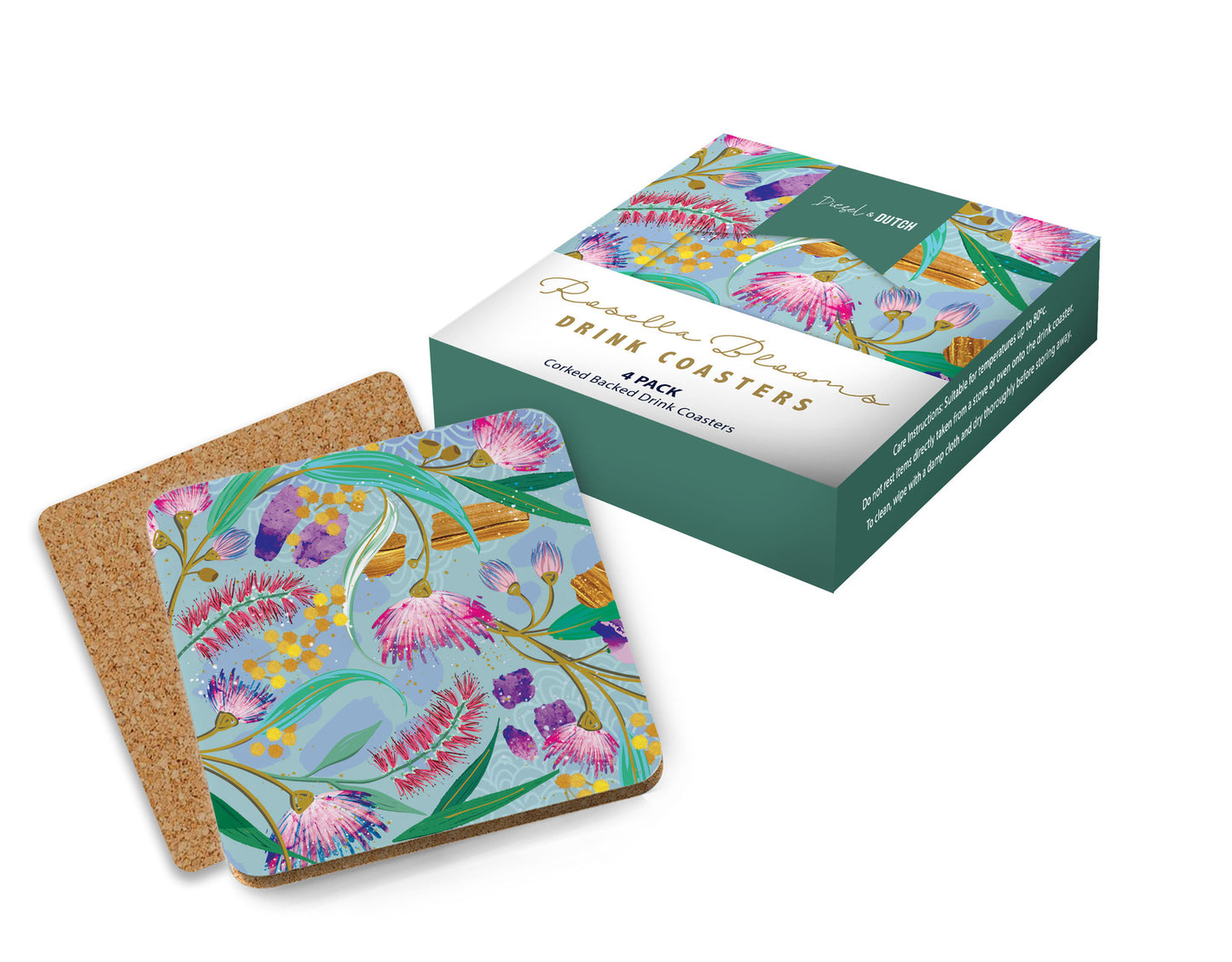 Set of floral drink coasters with a matching box on a white background