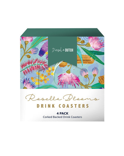Box of Roselle Bloom Drink Coasters with floral design on a white background