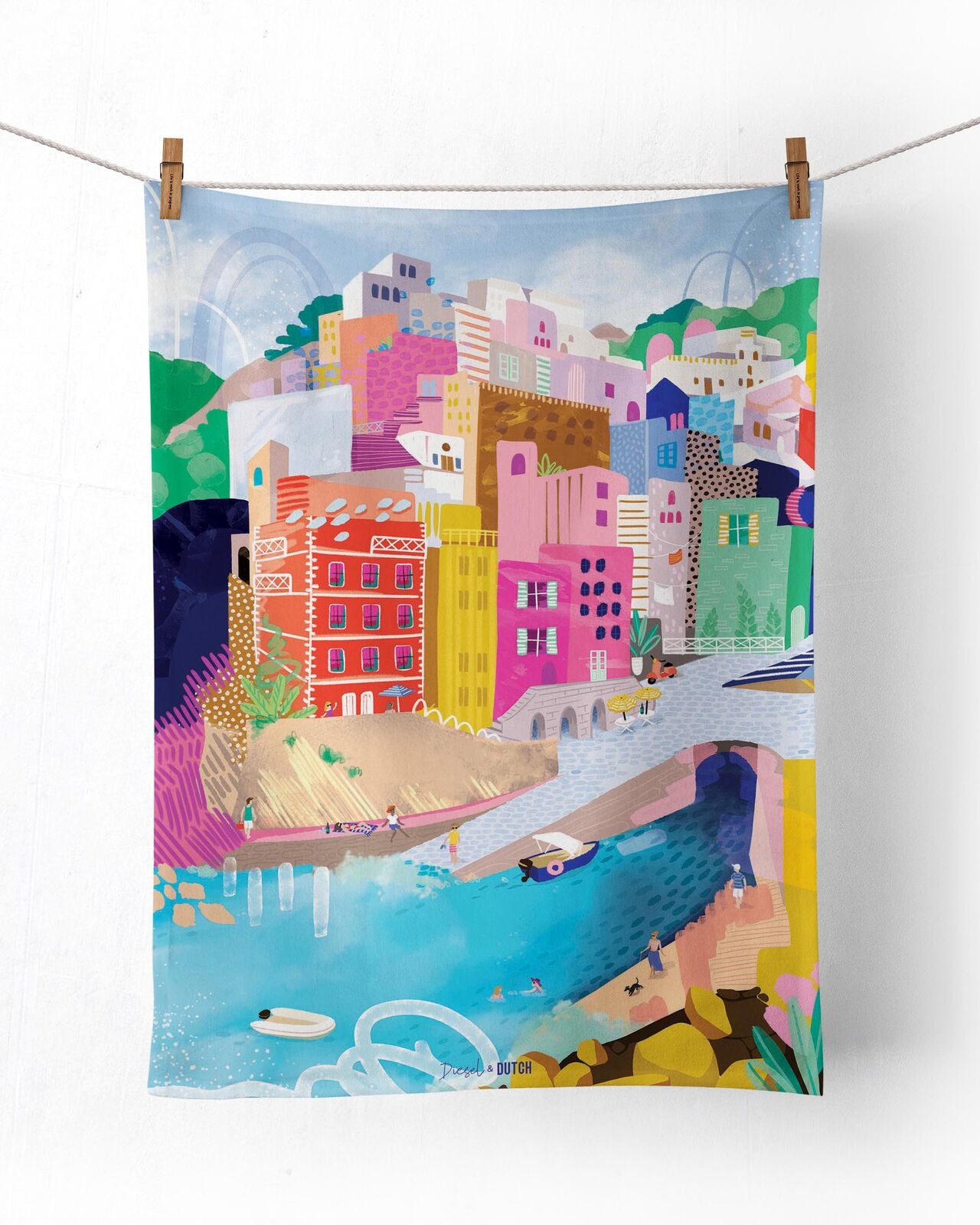 Colorful cityscape illustration hanging on a line