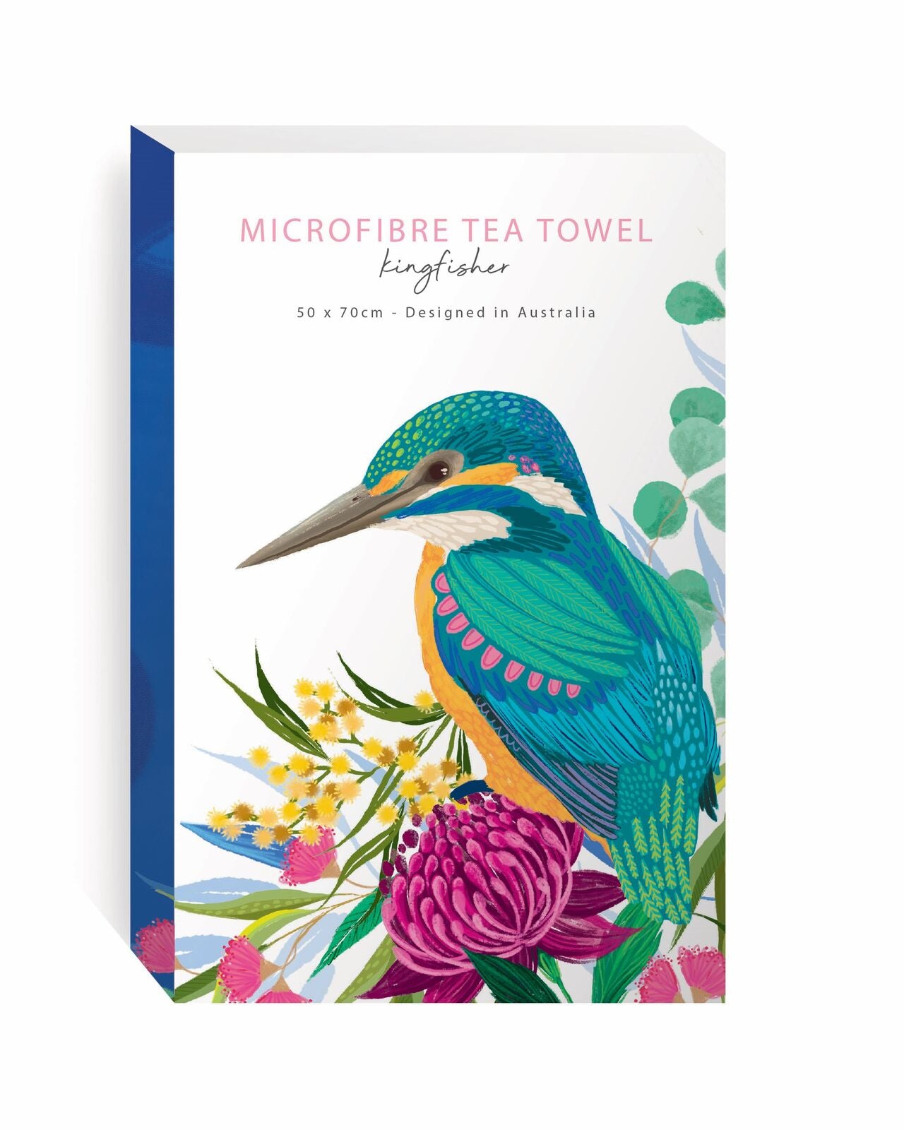 Microfibre tea towel packaging with a kingfisher design on a white background
