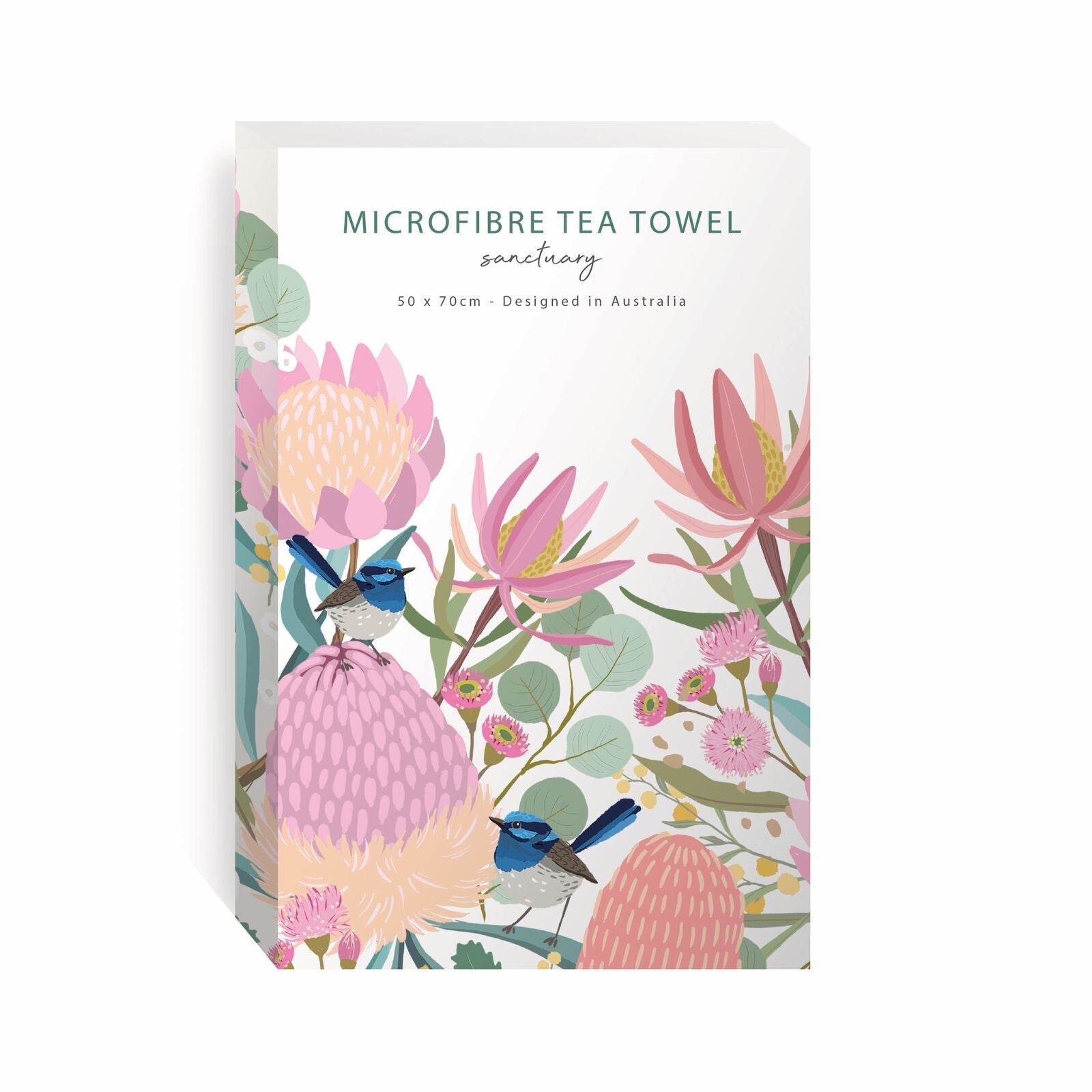 Microfibre tea towel packaging with floral design and text on a white background