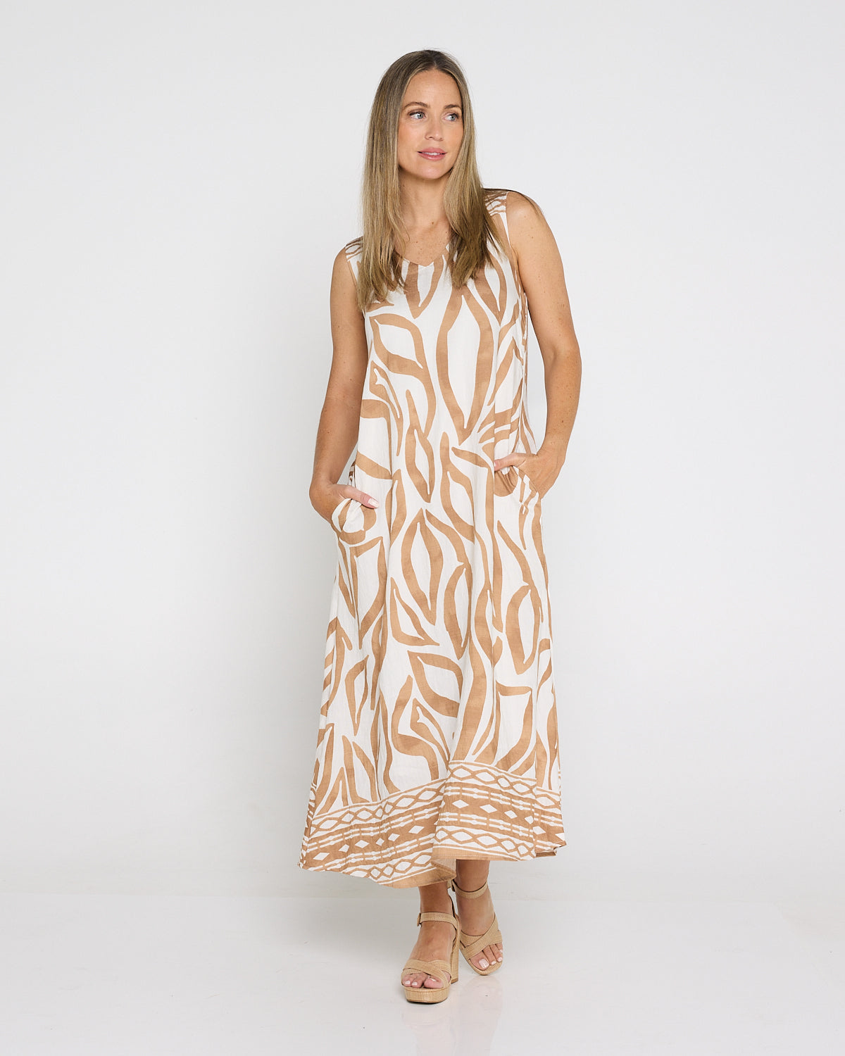 Sienna Sleeveless Midi Dress - Brown Botanical