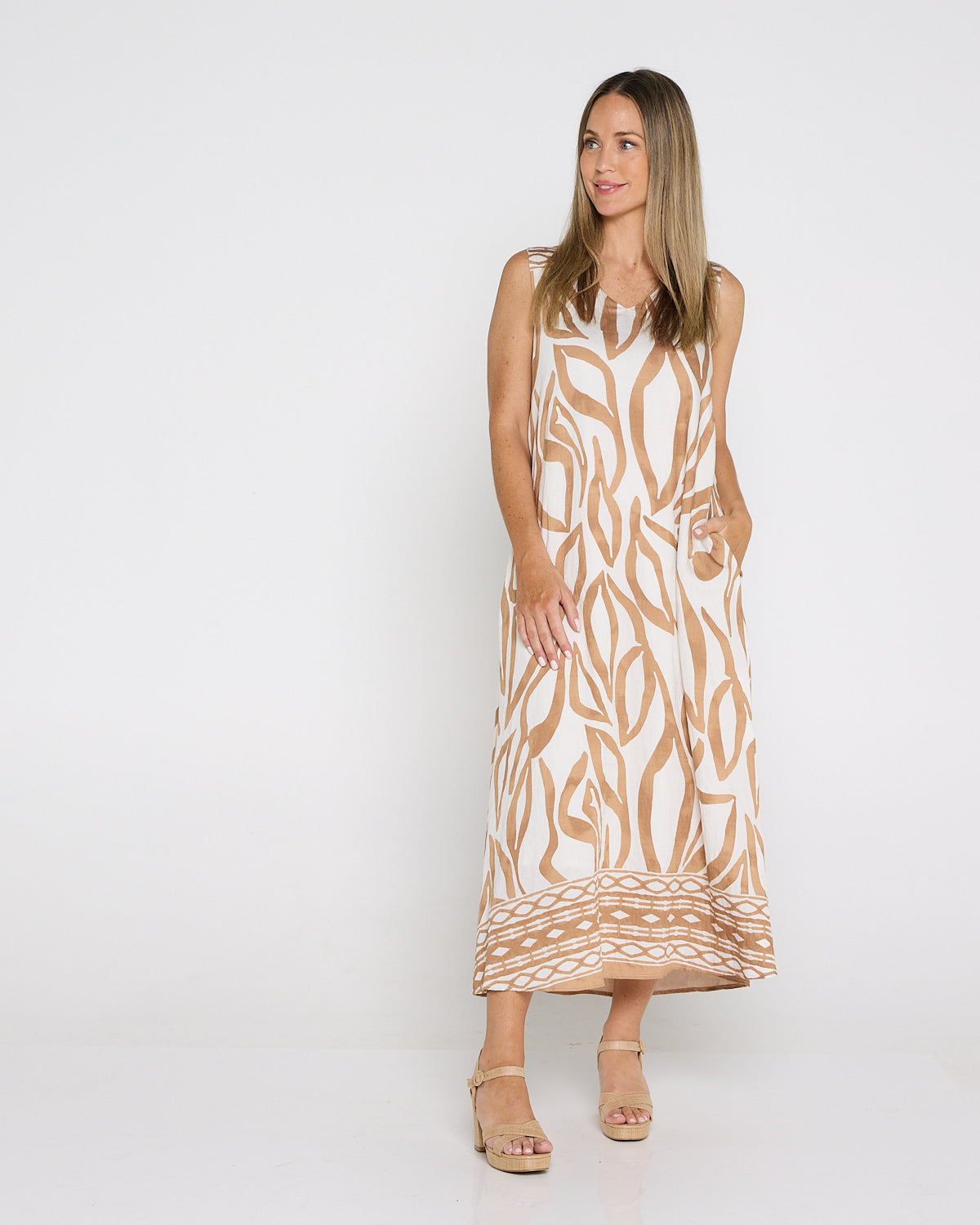 Sienna Sleeveless Midi Dress - Brown Botanical