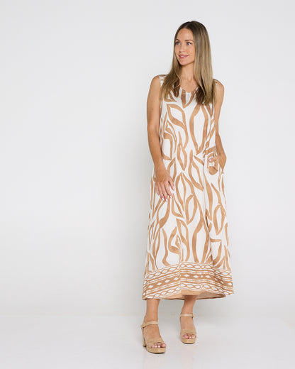 Sienna Sleeveless Midi Dress - Brown Botanical