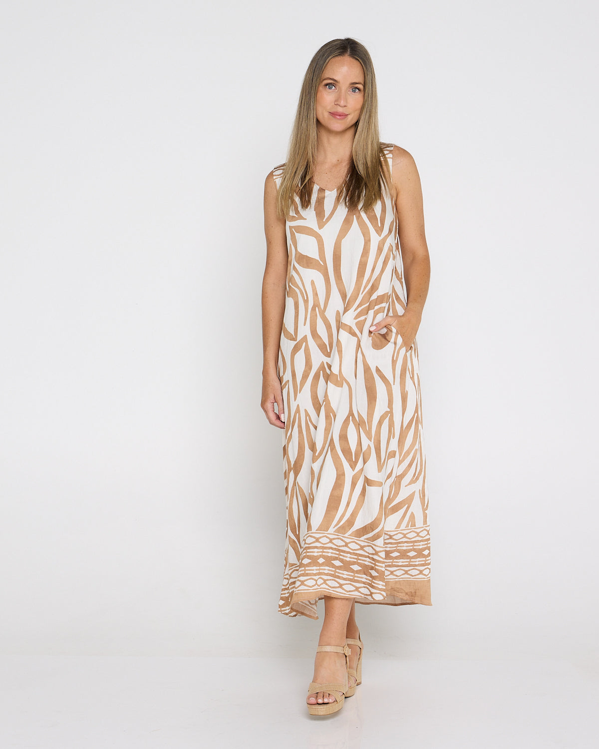 Sienna Sleeveless Midi Dress - Brown Botanical