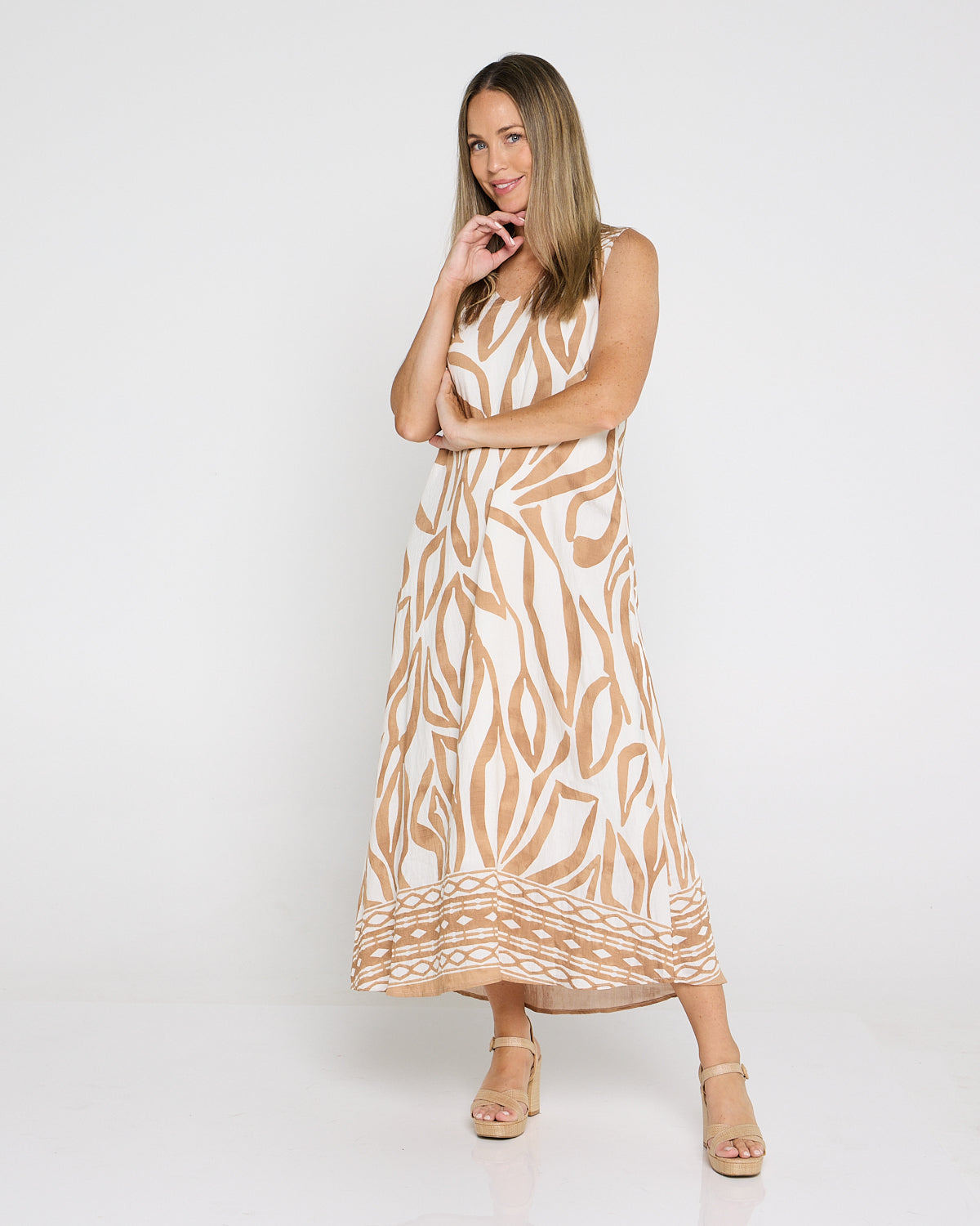 Sienna Sleeveless Midi Dress - Brown Botanical