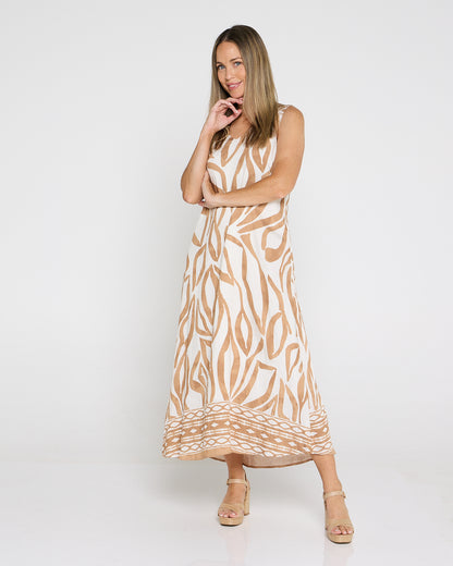 Sienna Sleeveless Midi Dress - Brown Botanical