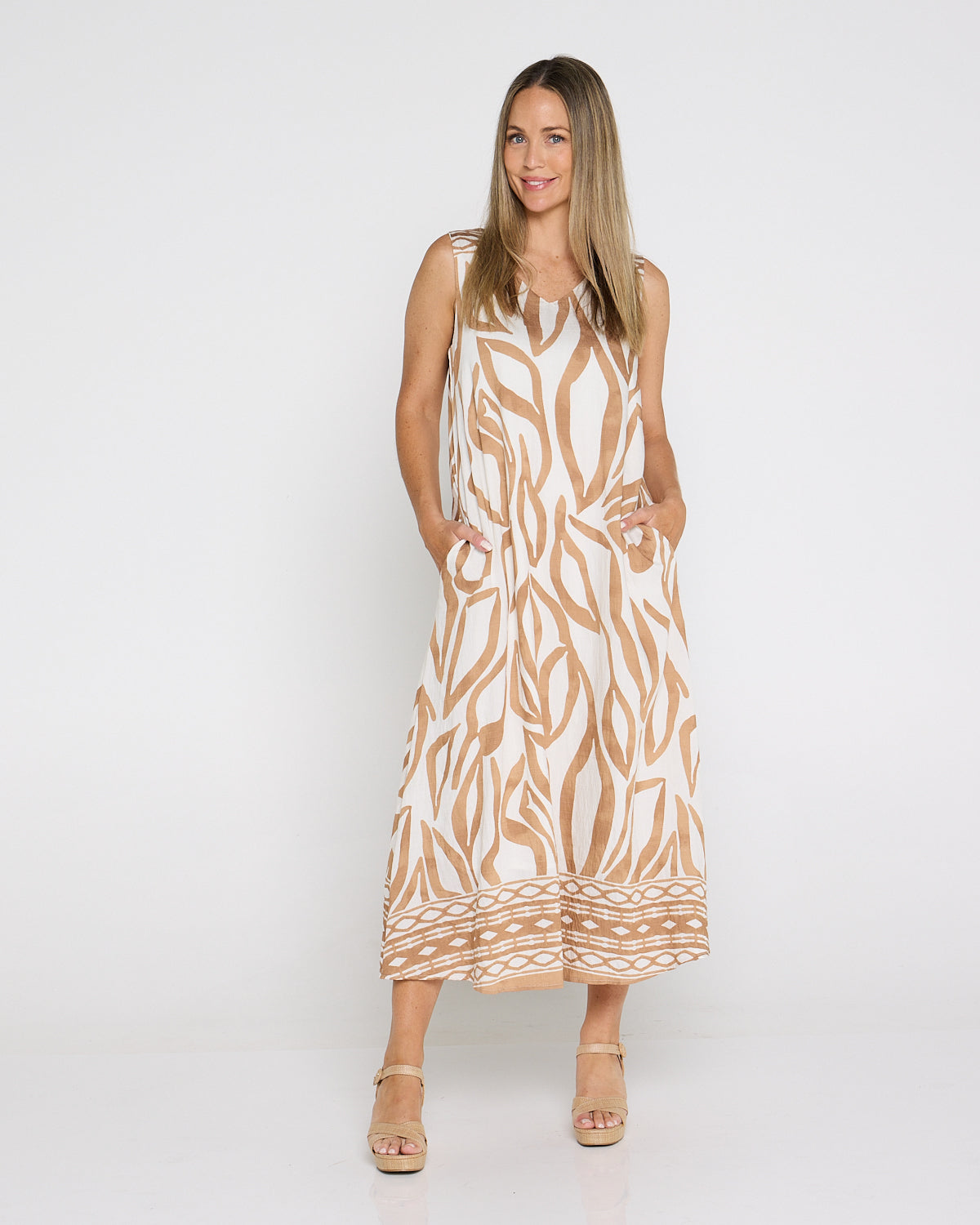 Sienna Sleeveless Midi Dress - Brown Botanical