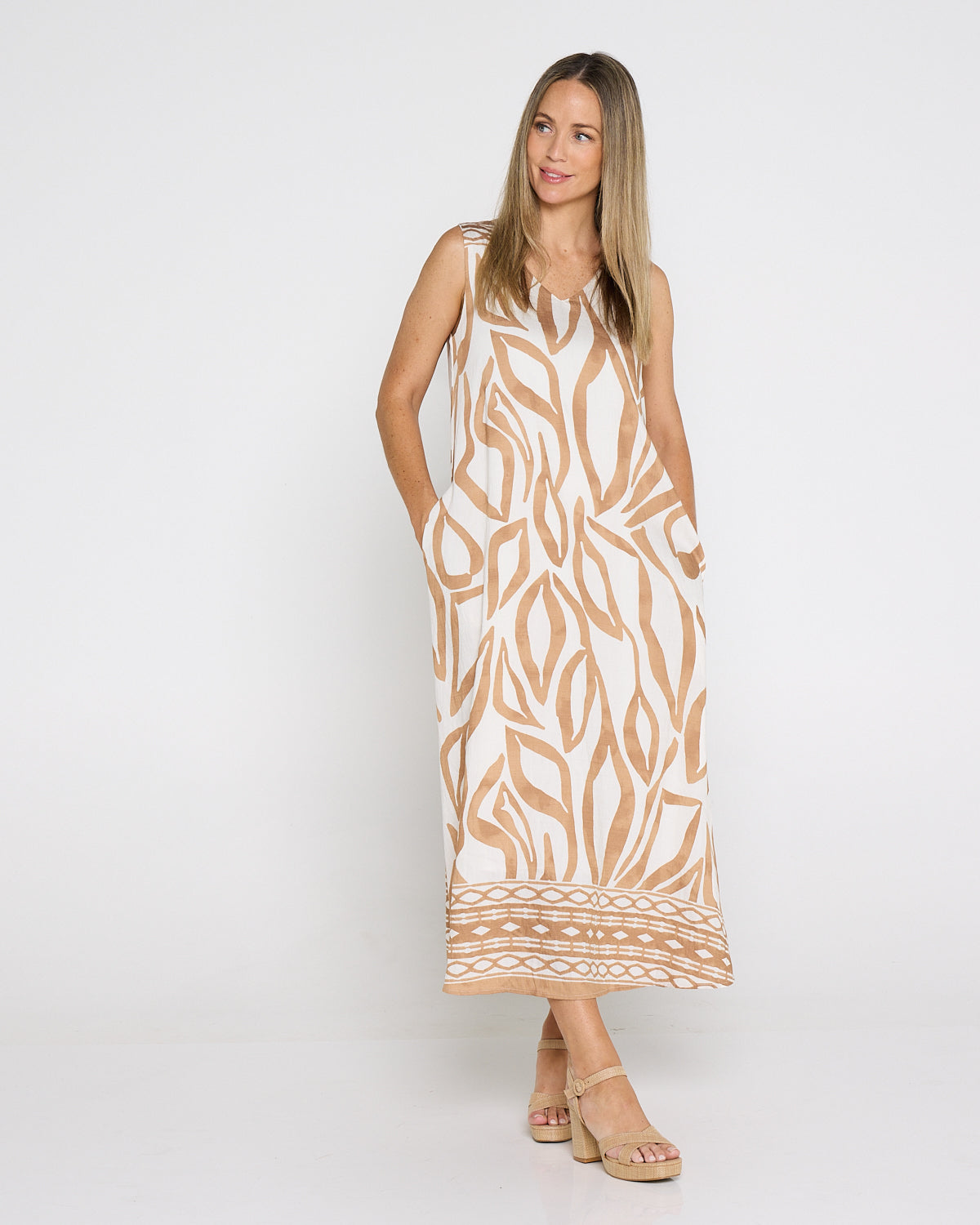 Sienna Sleeveless Midi Dress - Brown Botanical