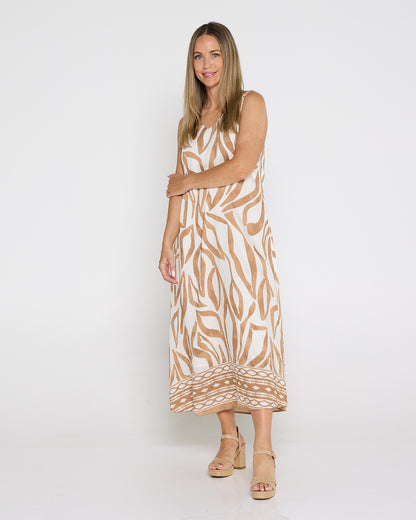 Sienna Sleeveless Midi Dress - Brown Botanical