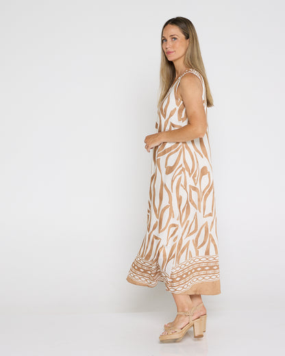 Sienna Sleeveless Midi Dress - Brown Botanical