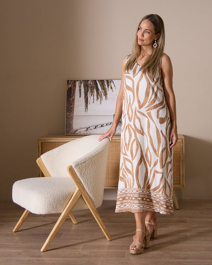 Sienna Sleeveless Midi Dress - Brown Botanical