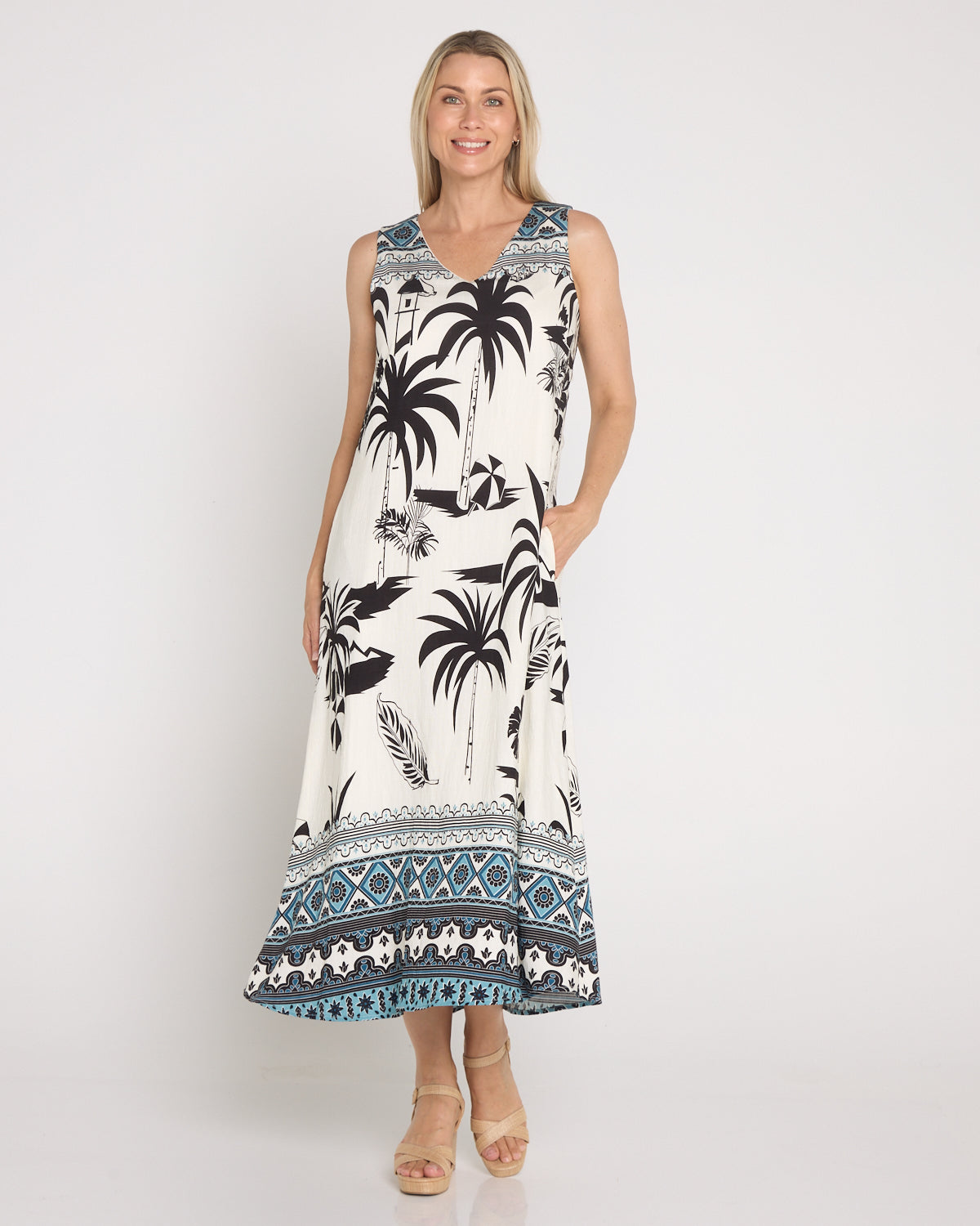 Sienna Sleeveless Midi Dress - Black & White Palm