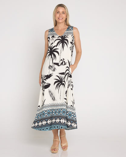 Sienna Sleeveless Midi Dress - Black & White Palm
