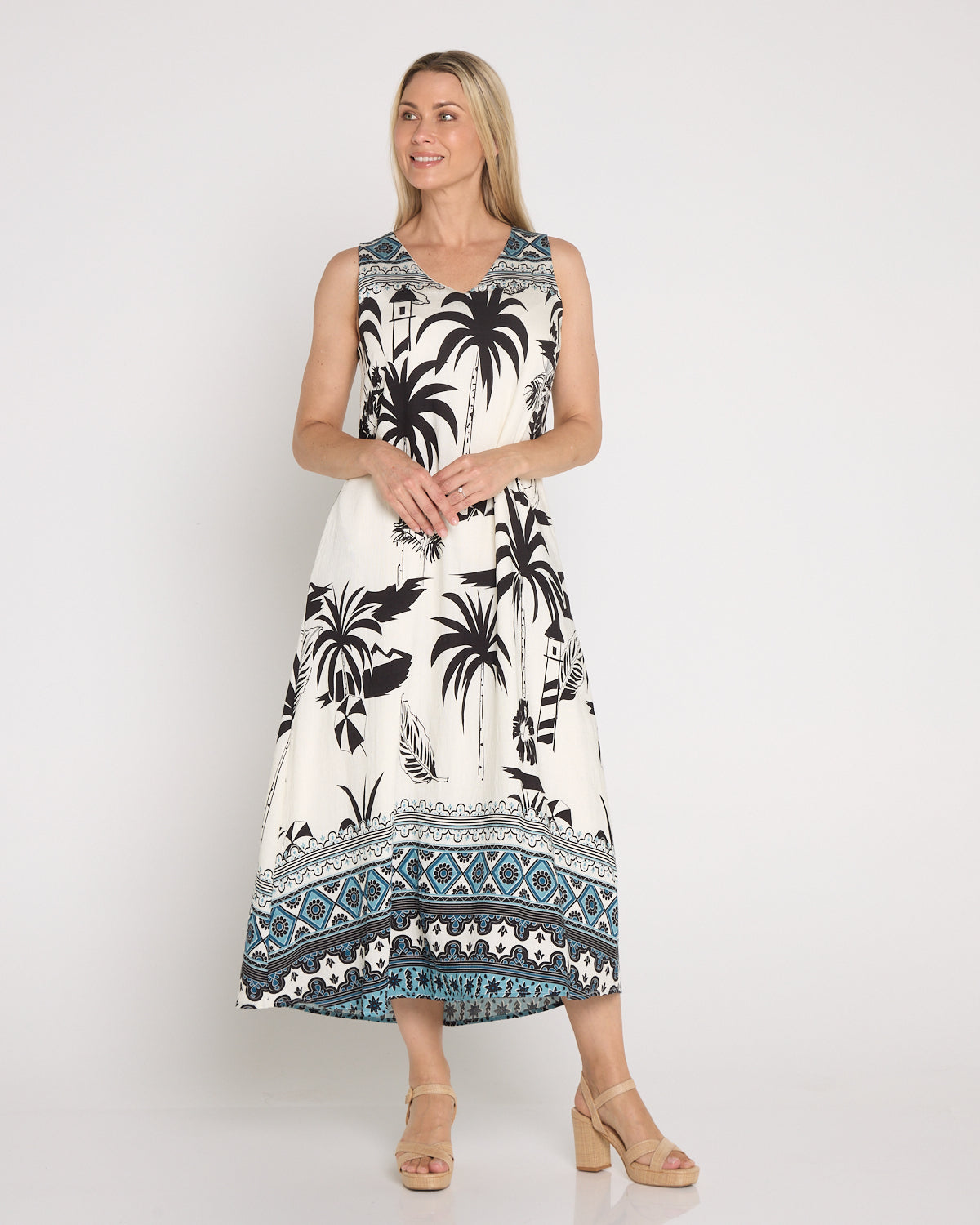 Sienna Sleeveless Midi Dress - Black & White Palm