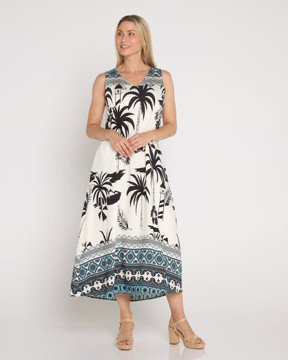 Sienna Sleeveless Midi Dress - Black & White Palm