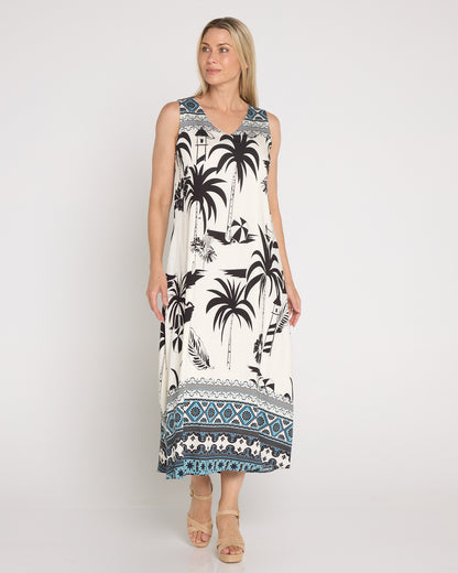 Sienna Sleeveless Midi Dress - Black & White Palm